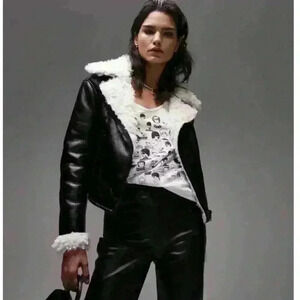 NWT Topshop Women's Cropped Faux Shearling Aviator Jacket Size 4